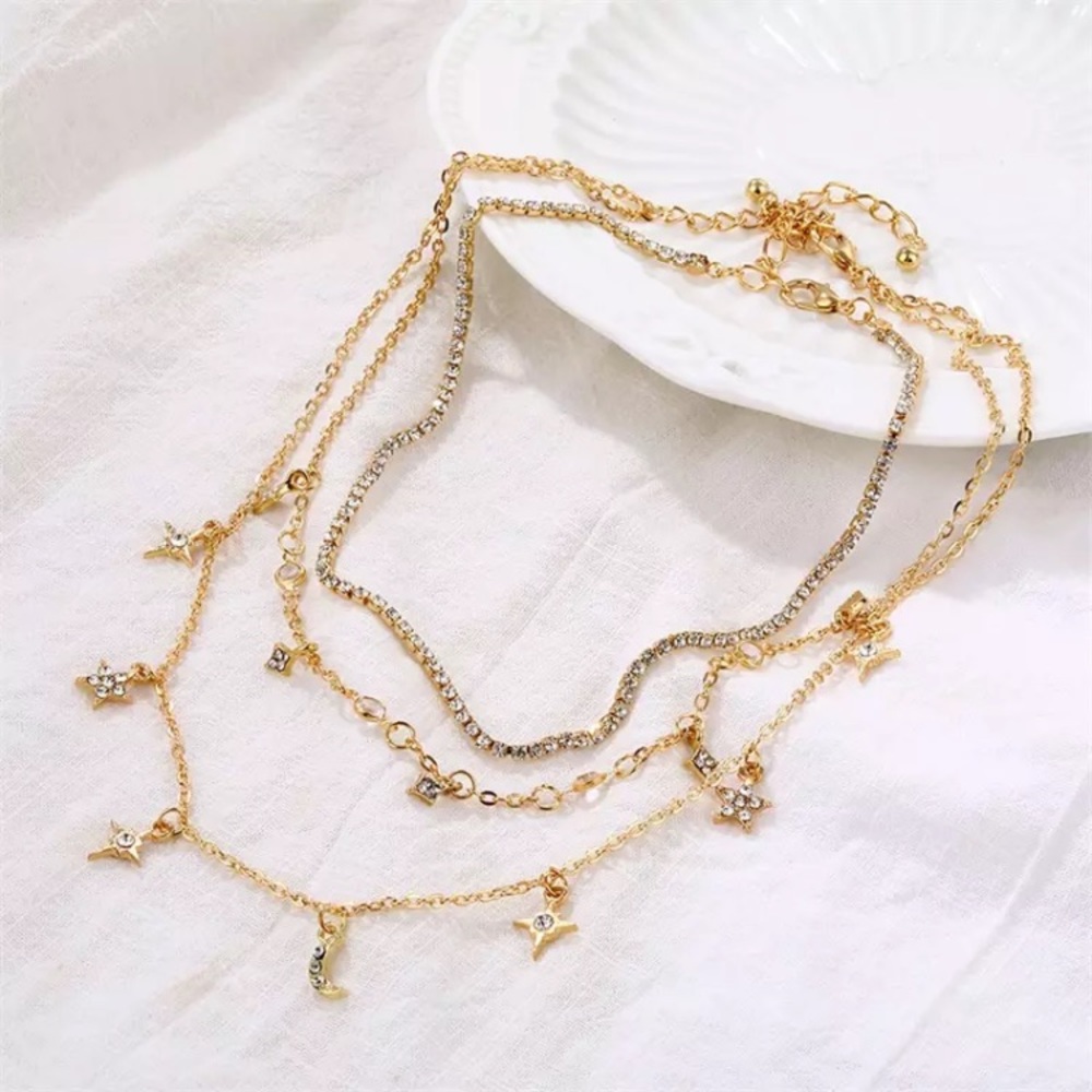 “Moon Child” Starry Diamond Night Sky Layered Trendy Gold Festival Necklace - Picture 4 of 6